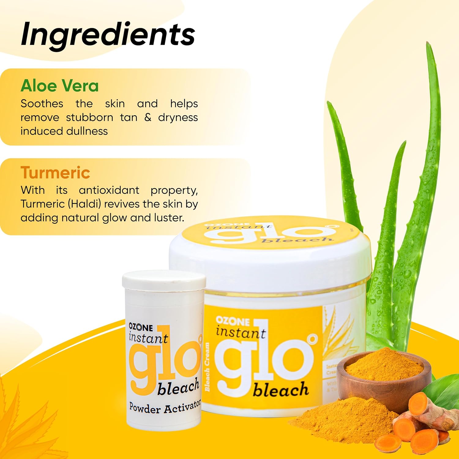 Ozone Instant Glo Bleach Cream for Men & Women | Enriched with Aloe Vera & Turmeric, 43 G (Pack of 3) - Image 3