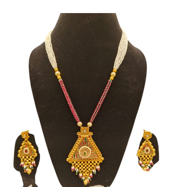 Traditional triangle pendant necklace set with multicolor bead strands and intricate enamel detailing, paired with matching ethnic earrings—perfect for festive and cultural occasions.